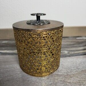 Vintage Gold Filigree Decorative Covered Canister Hollywood Regency Vanity Decor